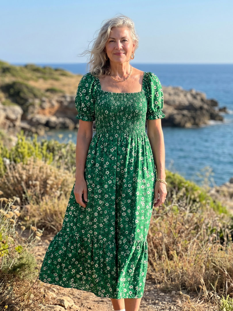 Louse | Midi-jurk met bloemenprint, smock en vierkante hals