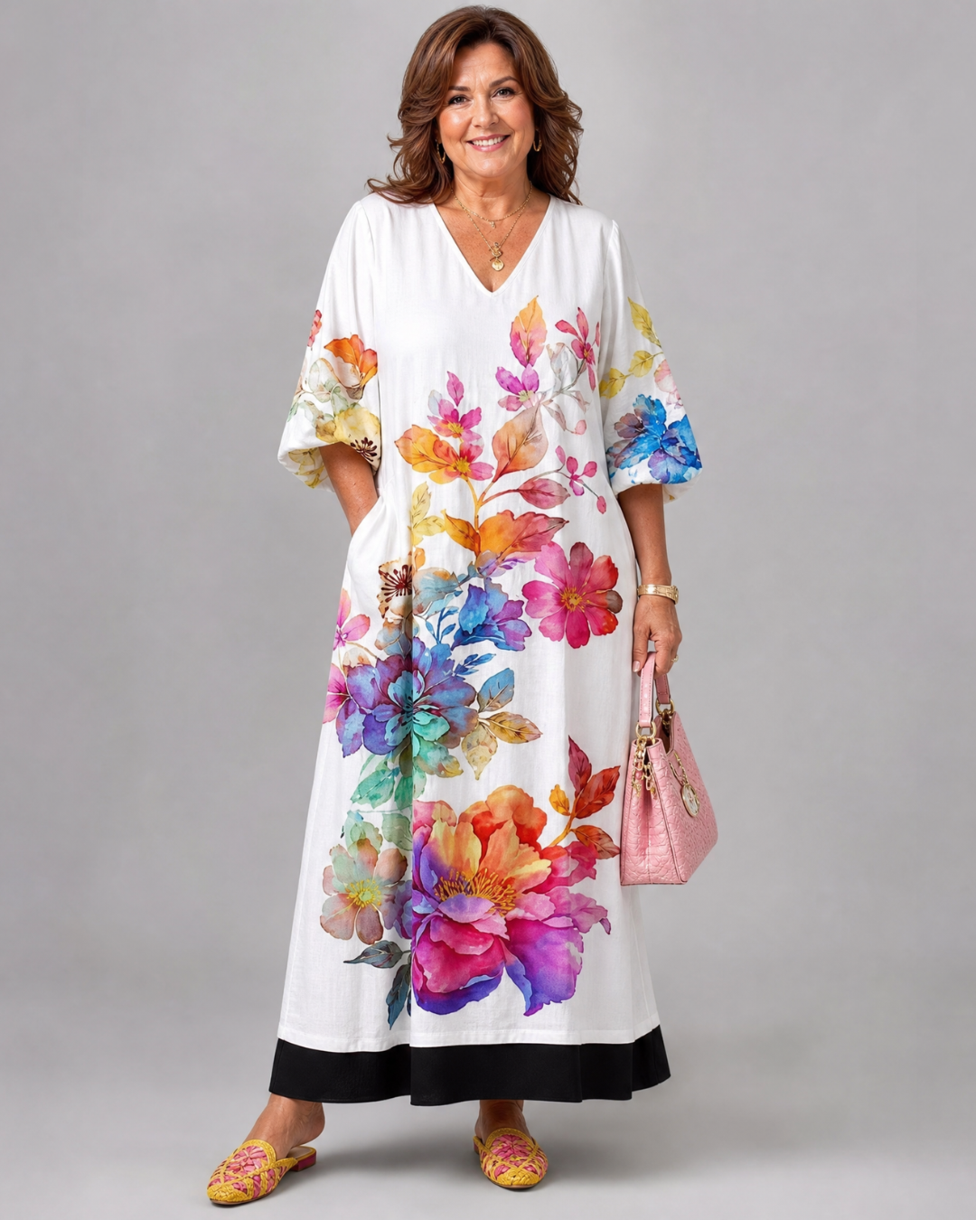 Florienne | Vloeiende midi-jurk met aquarel bloemenprint