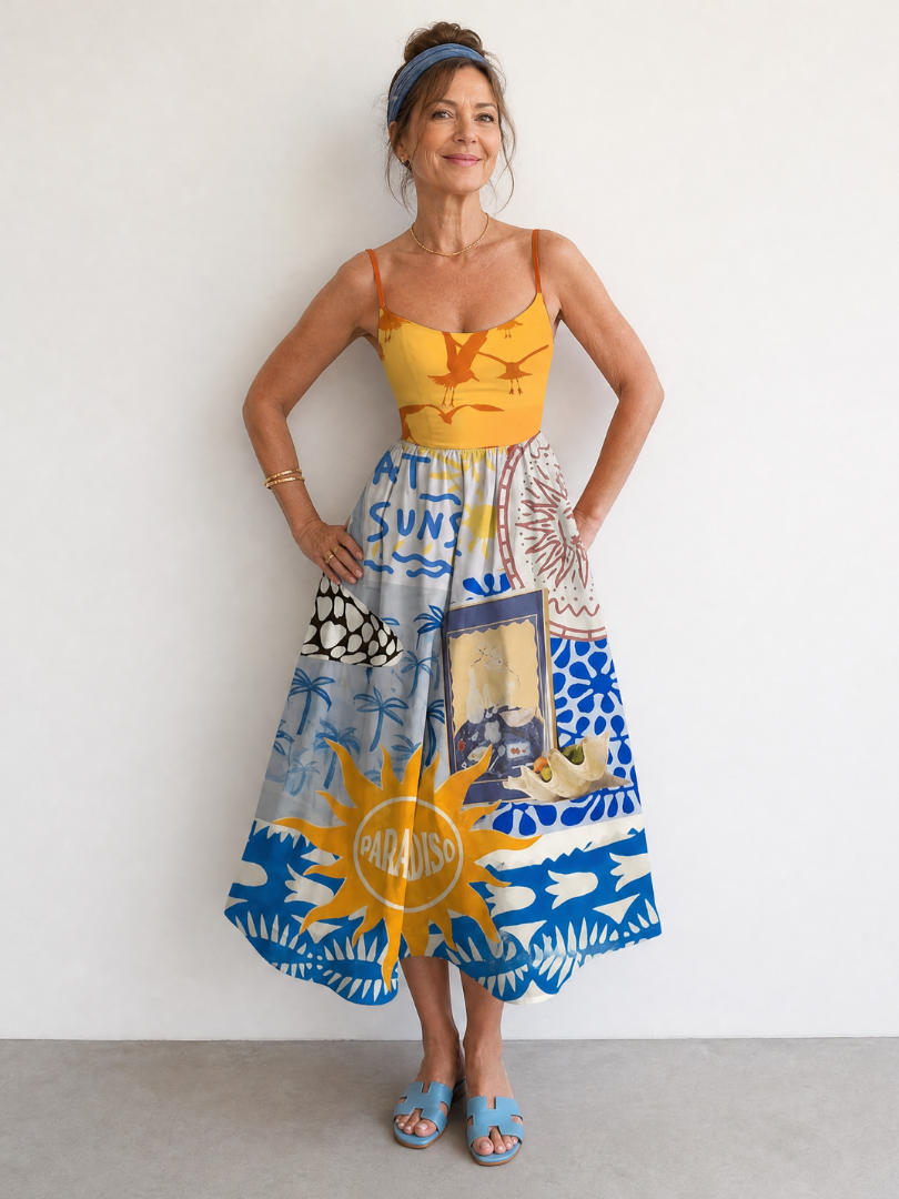 Zarman | Mouwloze midi-jurk met kustprint