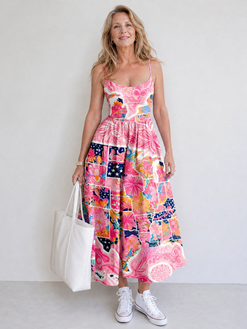 Valhala | Midi-jurk met patchwork-bloemenprint