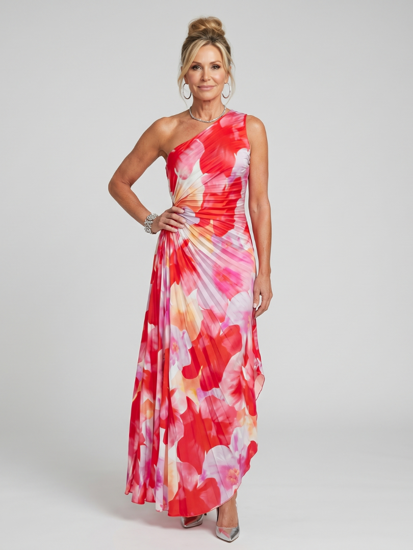 Taya | Midi-jurk met geplooid lijfje en one-shoulder