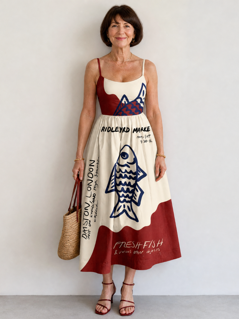 Eiope | Mouwloze midi-jurk met visprint