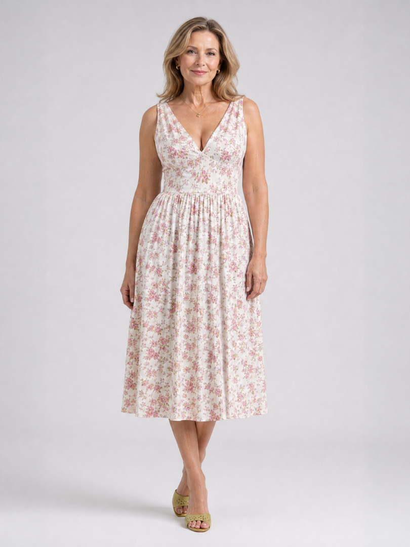 Elique | Mouwloze midi-jurk met bloemenprint en V-hals