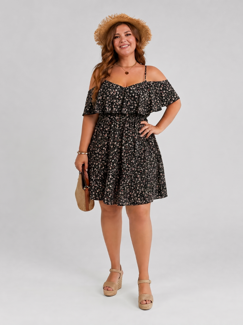 Novom | Knielange jurk met cold shoulder en ruche overlay