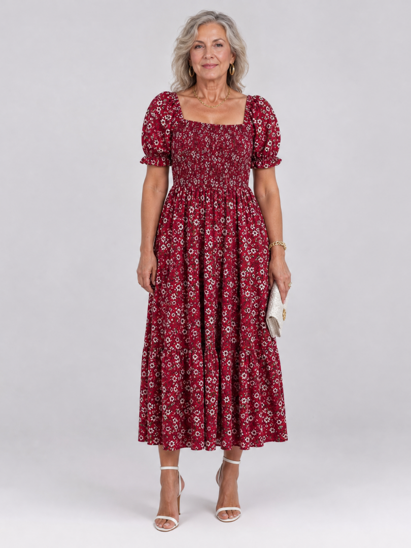 Louse | Midi-jurk met bloemenprint, smock en vierkante hals
