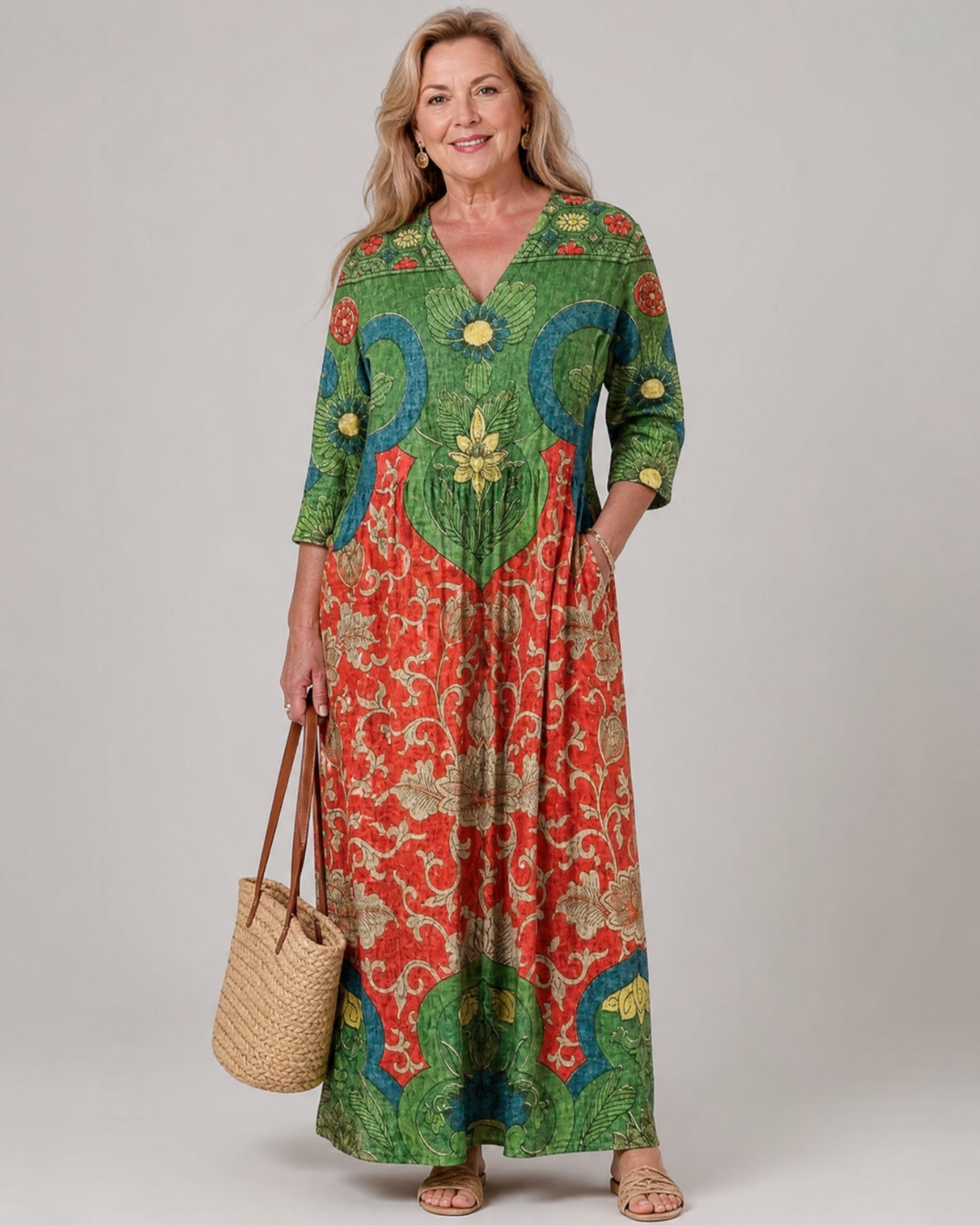Zeloria | Soepele midi-jurk met abstracte vintage print en driekwartmouw