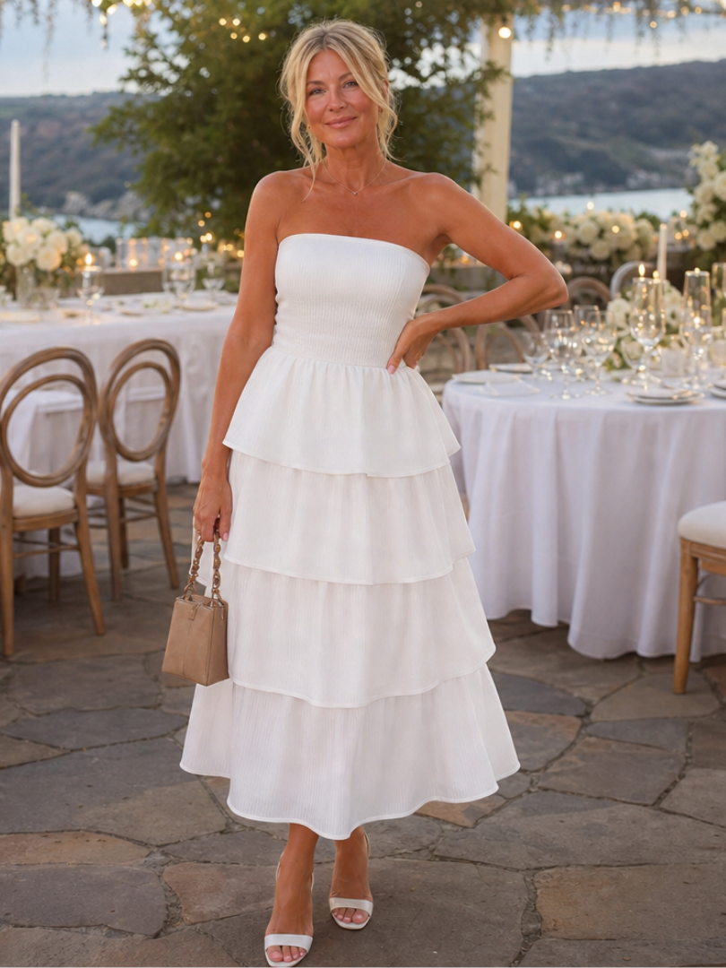 Gemma | Strapless midi-jurk met gesmokt lijfje
