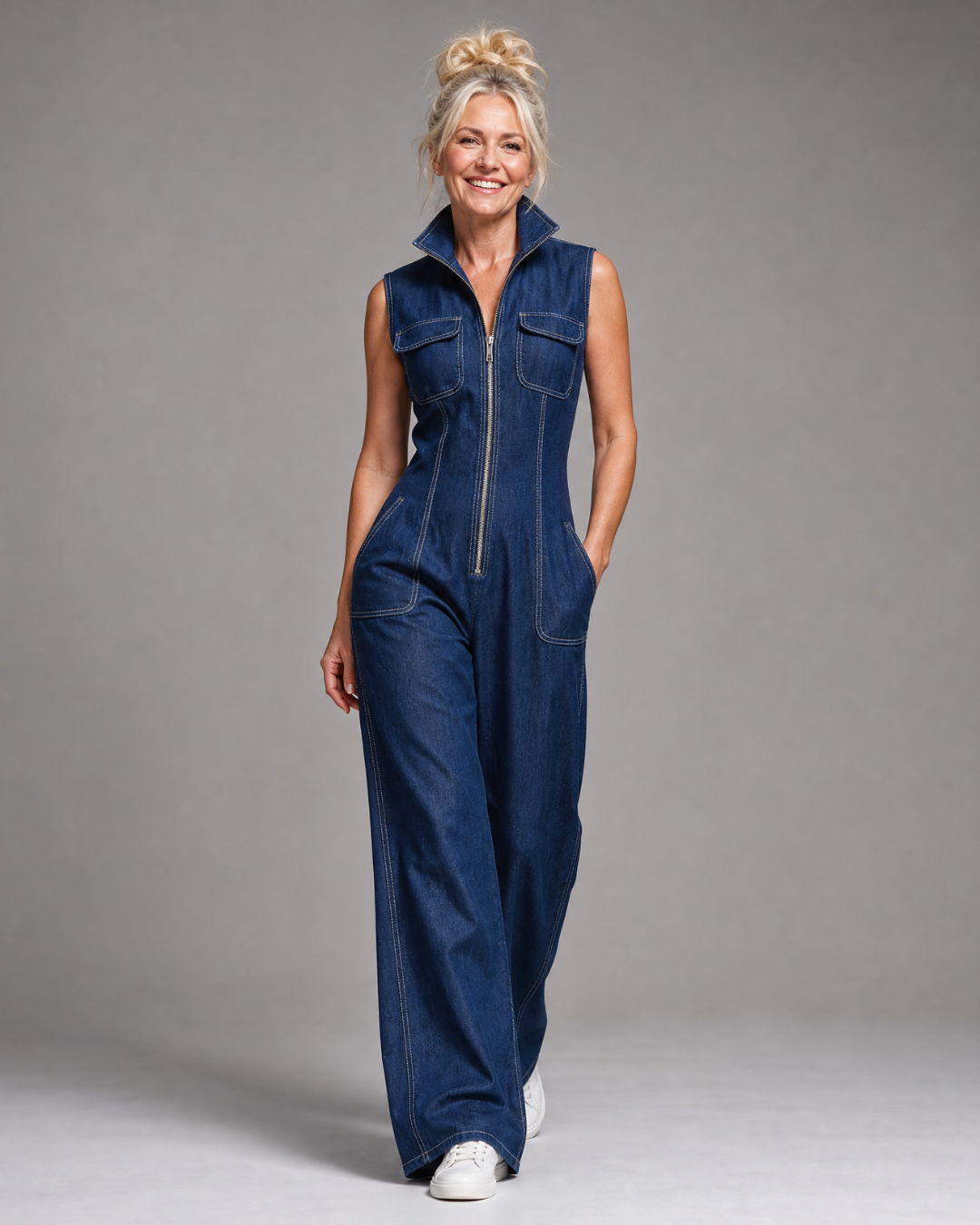 Samantha | Mouwloze jumpsuit met rits en wijde pijpen