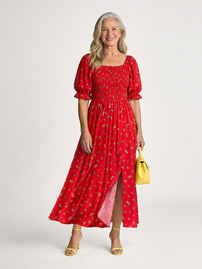 Delphine | Midi-jurk met vierkante hals en pofmouwen