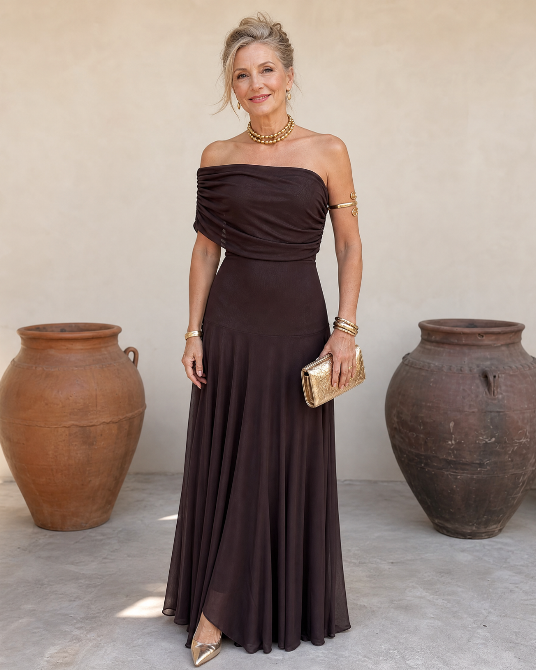 Valerinne | Off-shoulder maxi-jurk met gedrapeerd lijfje