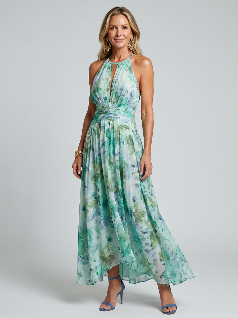 Portia | Geplooide midi-jurk met halternek en bloemenprint