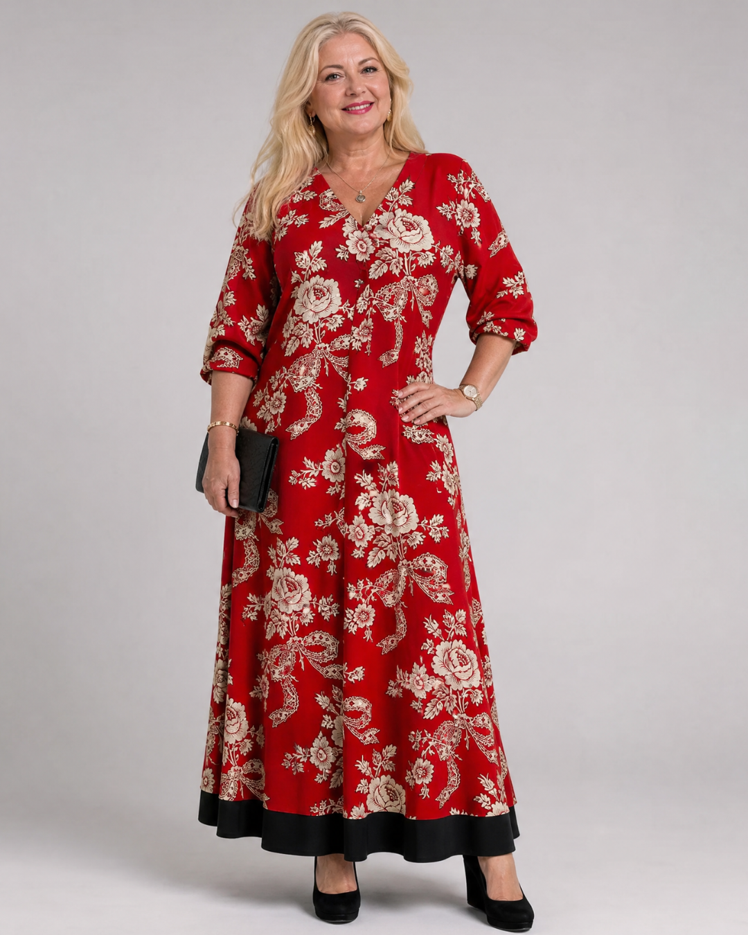 Thopal | Midi-jurk met vintage bloemenprint en V-hals