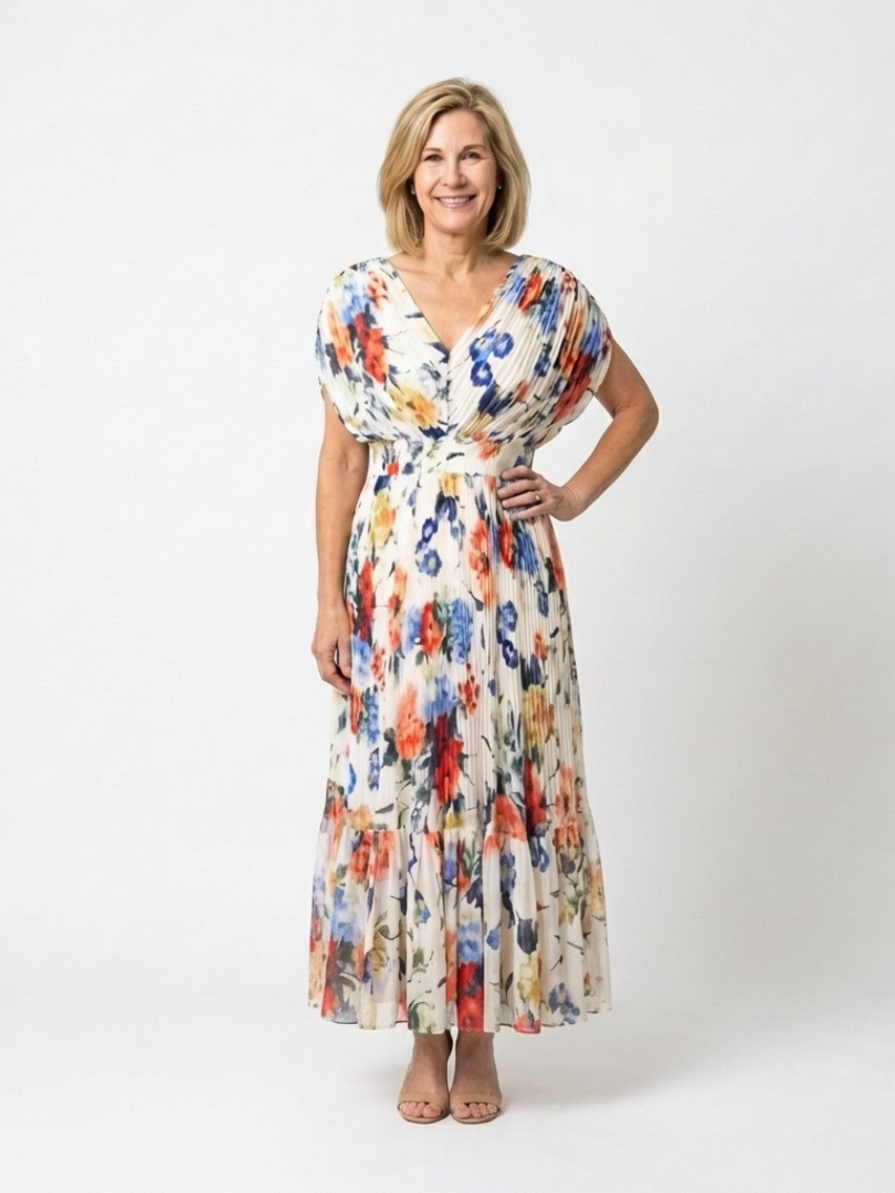Savannah | Geplooide midi-jurk met korte mouwen