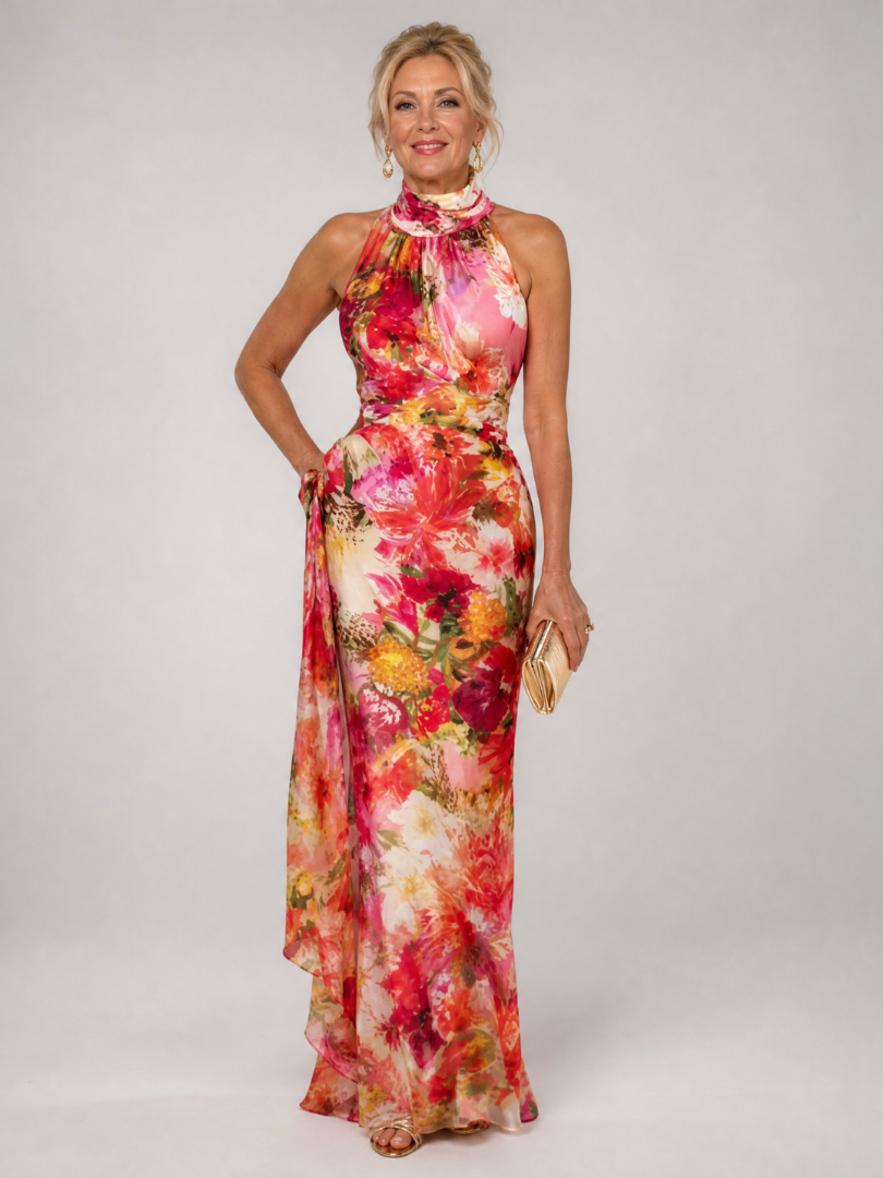 Elisabetta | Maxi-jurk met halternek en bloemenprint