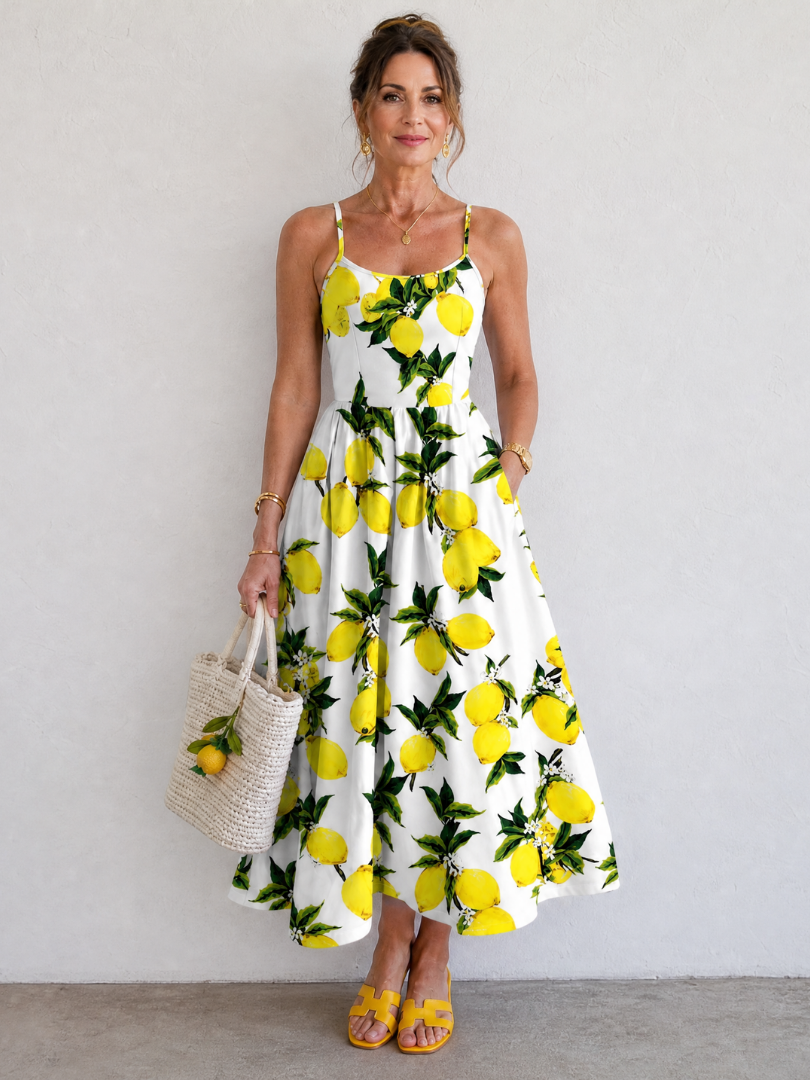Limonelle | Mouwloze midi-jurk met citroenprint