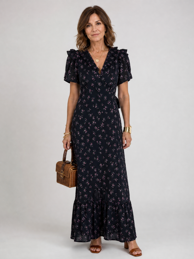 Semifal | Midi-jurk met bloemenprint, pofmouwen en ruches