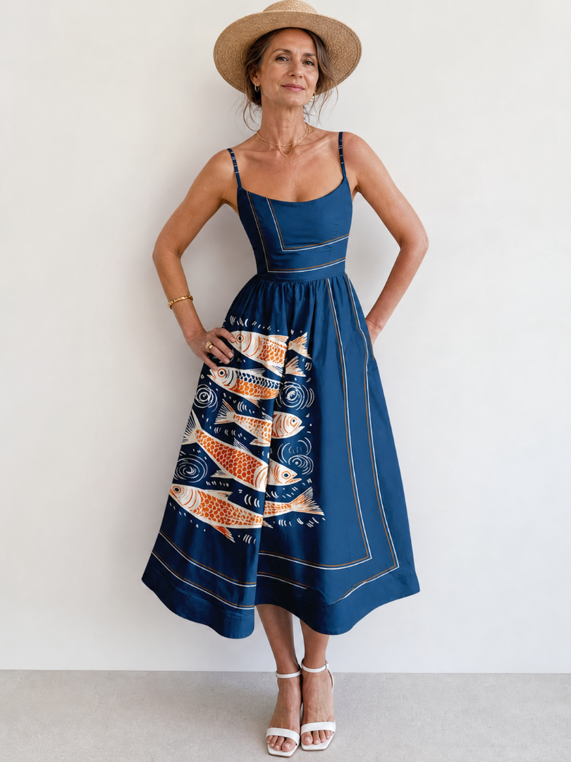 Calythene | Mouwloze midi-jurk met visprint