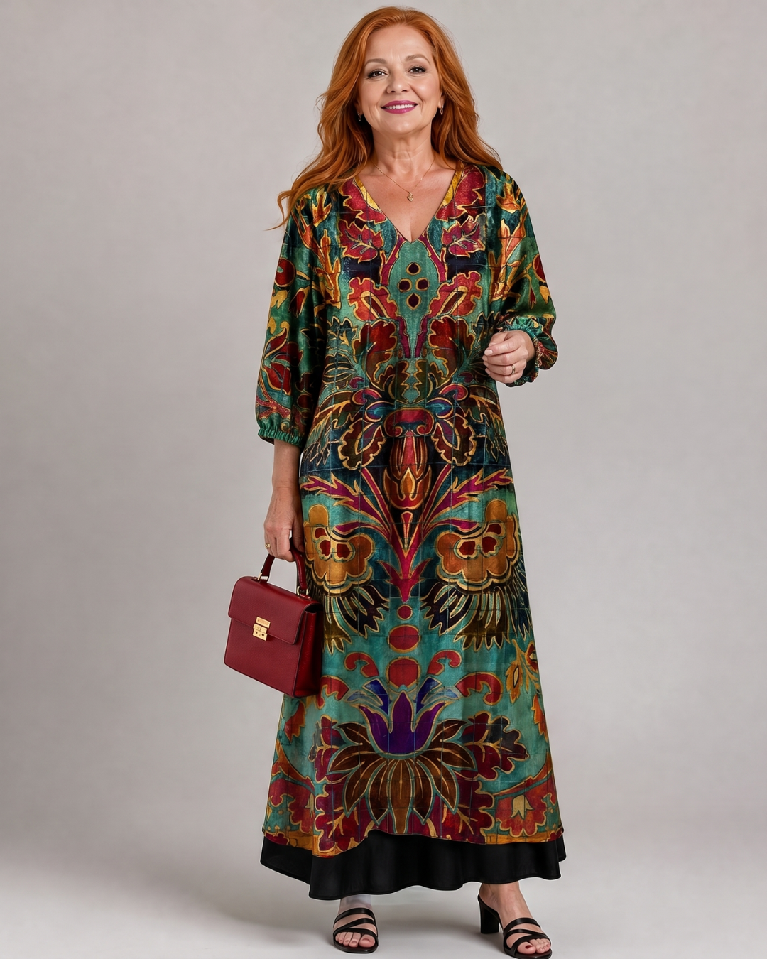 Valmira | Ruimvallende midi-jurk met sierlijke bohemian print