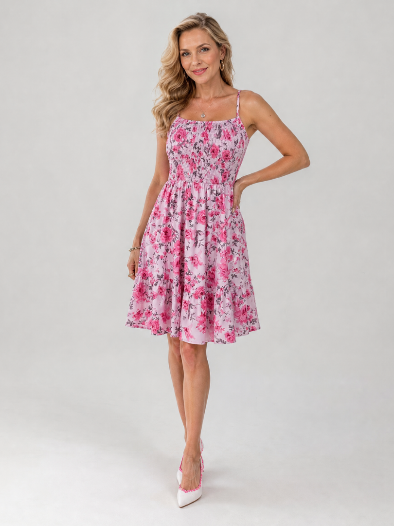 Rosabelle | Knielange jurk met spaghettibandjes en bloemenprint