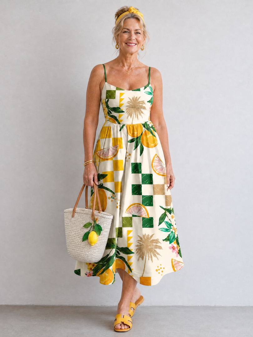 Aurexia | Mouwloze midi-jurk met citrusprint
