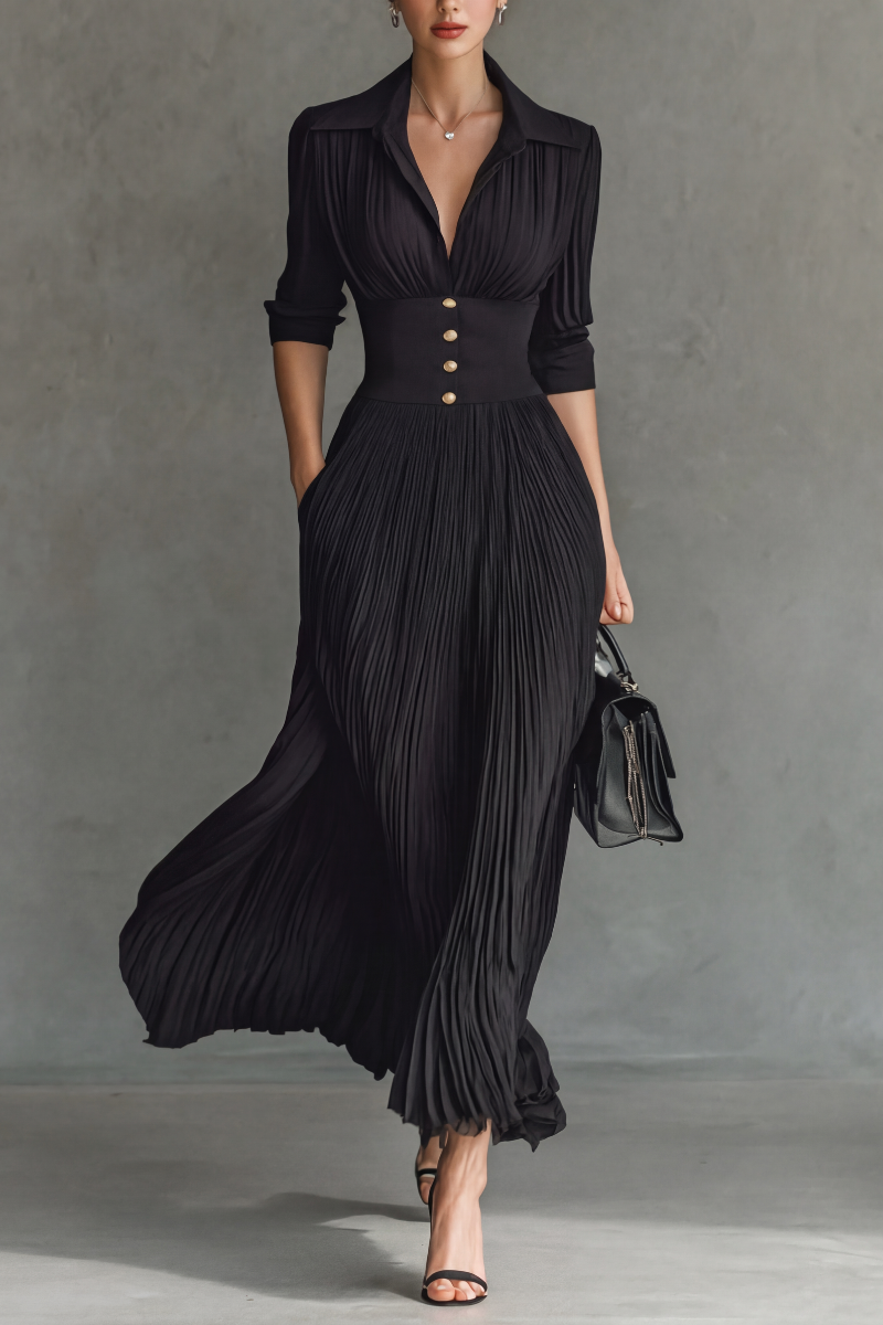 Elvira | Lange geplooide jurk met revers en hoge taille