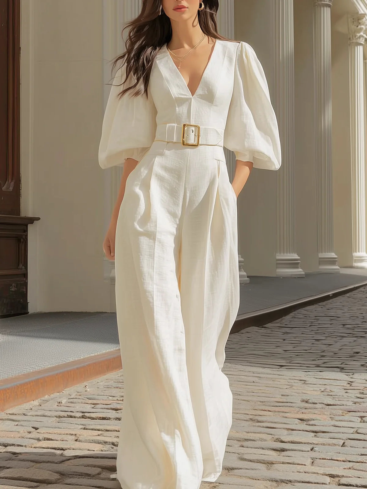 Witte V-hals lantaen mouw brede pijpen jumpsuit (Inclusief riem)
