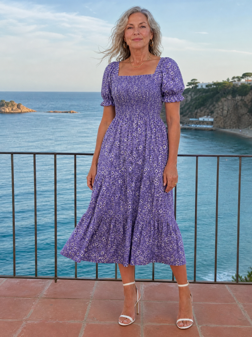 Louse | Midi-jurk met bloemenprint, smock en vierkante hals