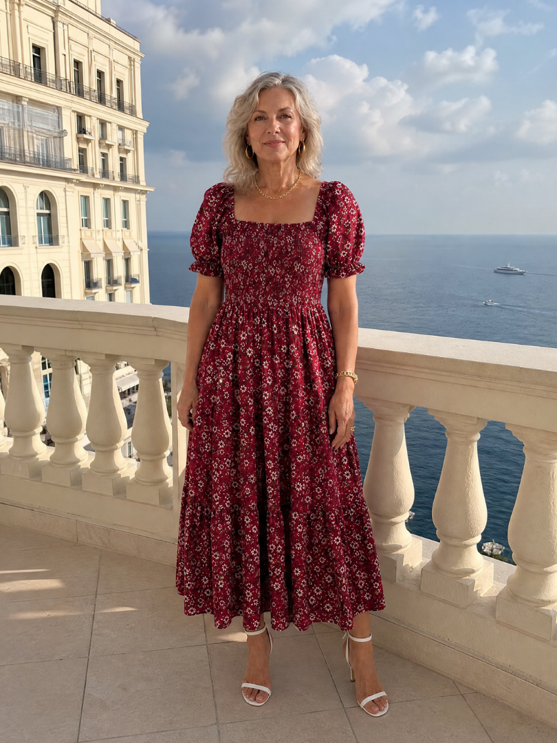 Louse | Midi-jurk met bloemenprint, smock en vierkante hals