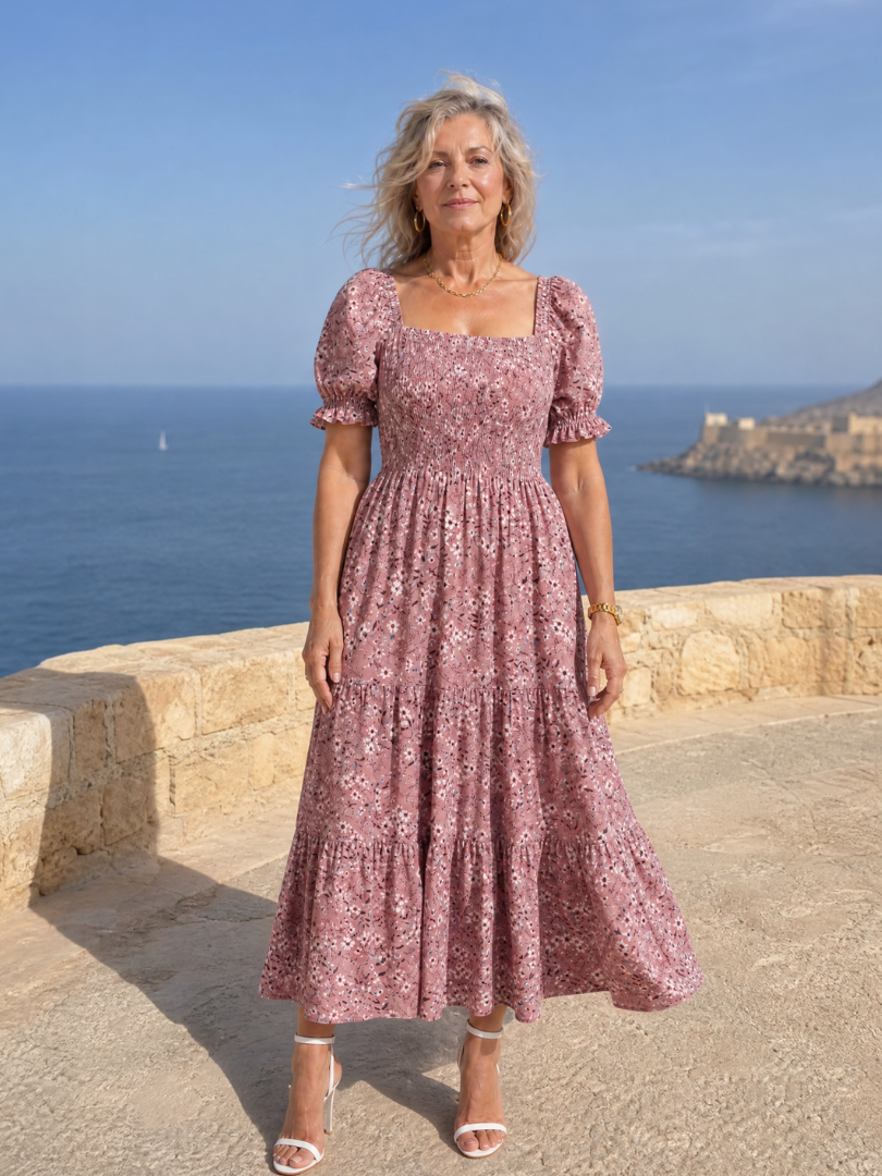 Louse | Midi-jurk met bloemenprint, smock en vierkante hals