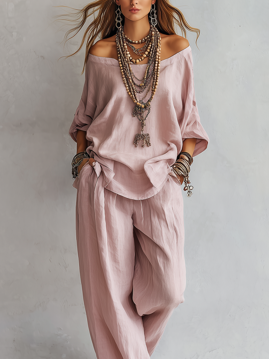Casual Lichtroze Wijde Pantalon Set