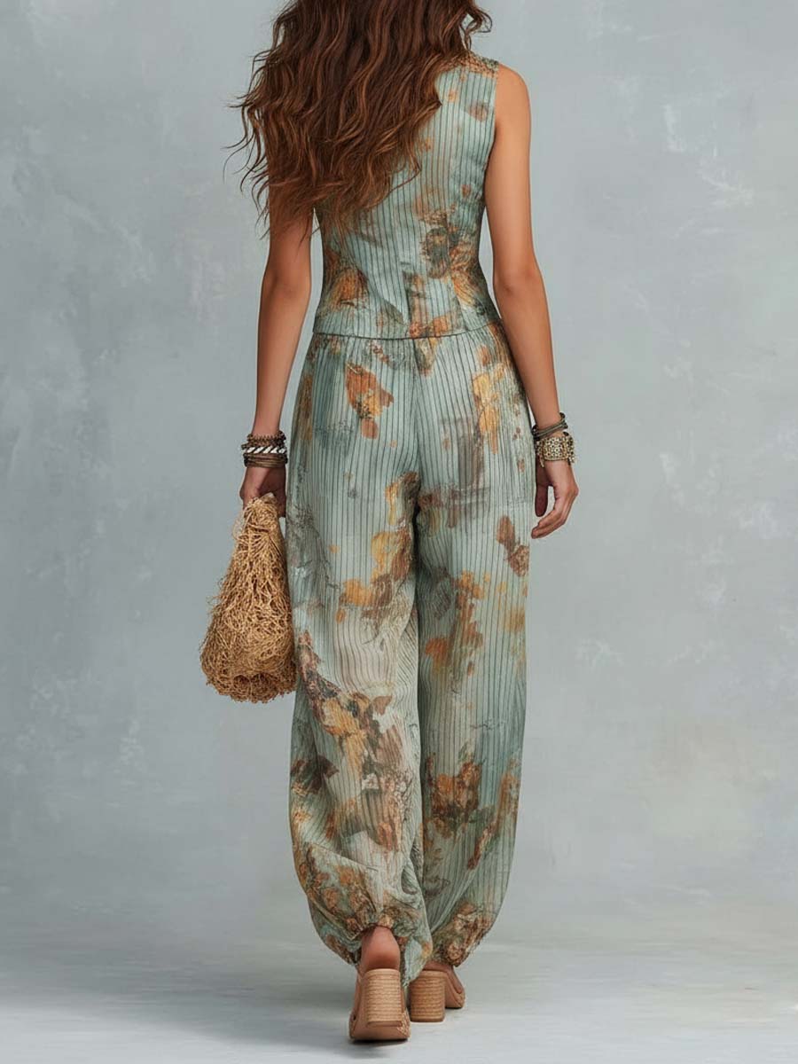 Boho Vintage Salie Bloemen Jumpsuit