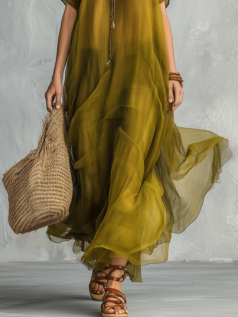 Olijfgroene Boheemse Maxi-jurk met Gedrapeerde Silhouet