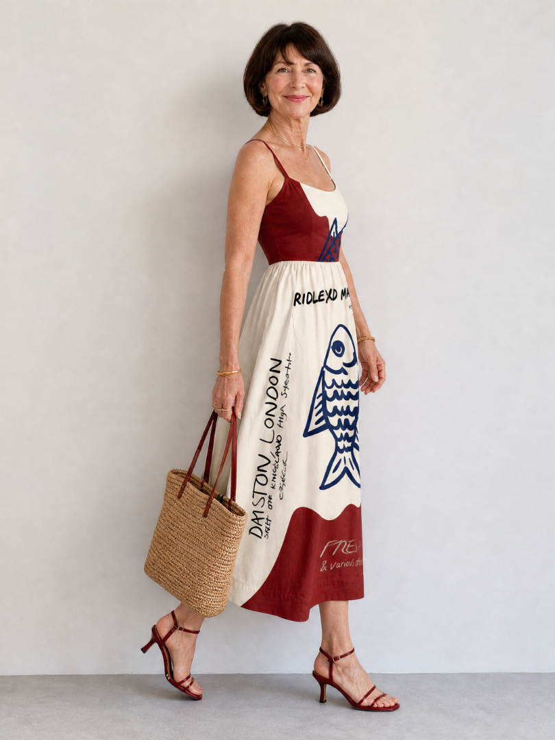 Eiope | Mouwloze midi-jurk met visprint