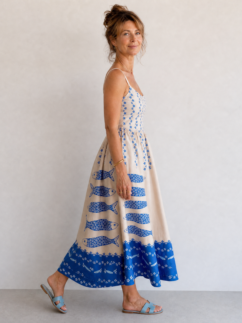 Mukara | Mouwloze midi-jurk met visprint