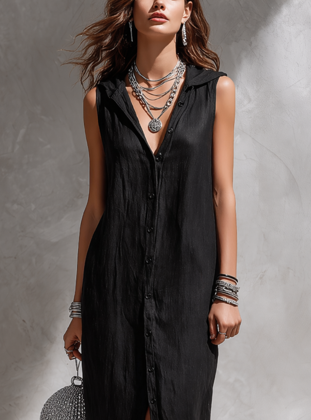 Minimalistische Mouwloze Knop-Jurk met Split