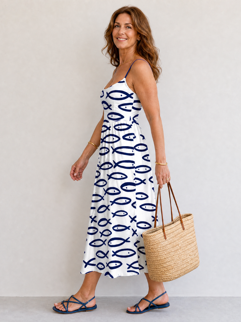 Thaloria | Mouwloze midi-jurk met visprint