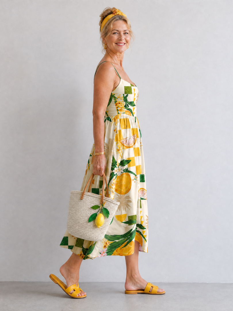 Aurexia | Mouwloze midi-jurk met citrusprint