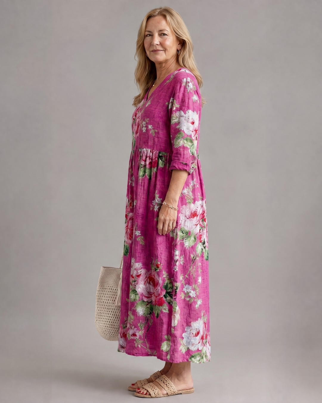 Rosavelle | Midi-jurk met vintage rozenprint en gerimpelde taille