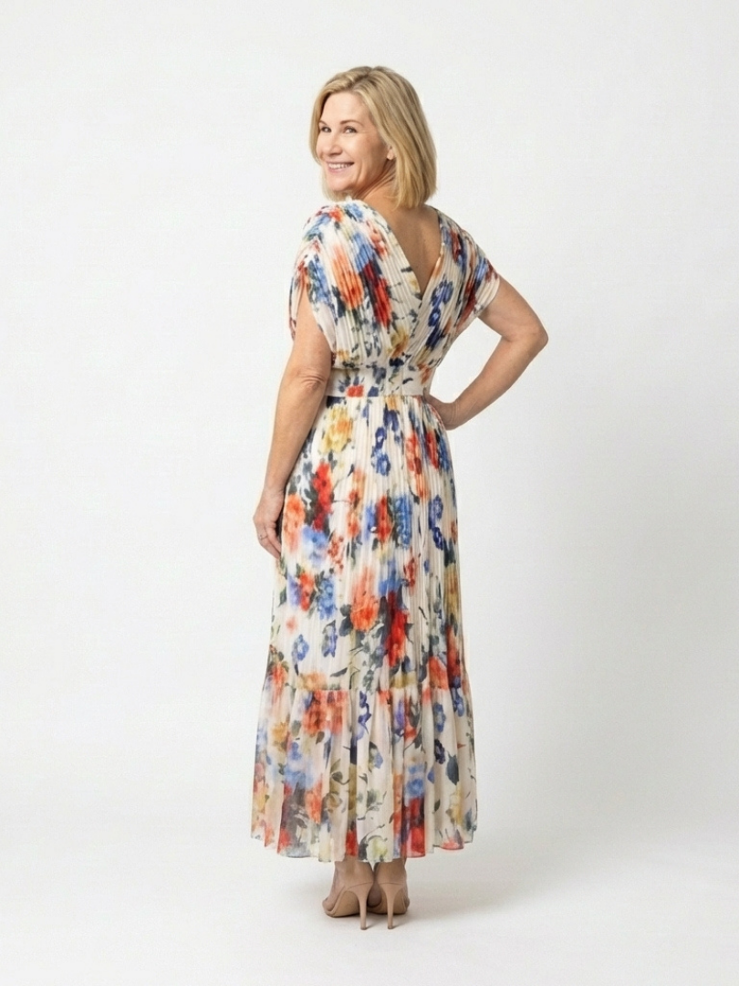 Savannah | Geplooide midi-jurk met korte mouwen