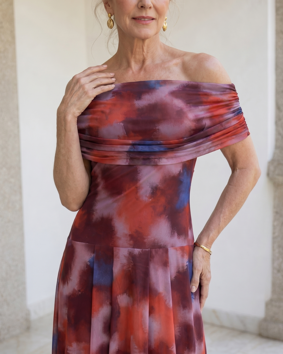 Violla | Off-shoulder midi-jurk met aquarelprint