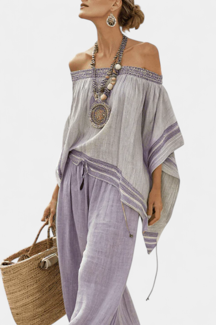 Zandrel | Elegante Off-Shoulder Top en Brede Pantalon met Strepen