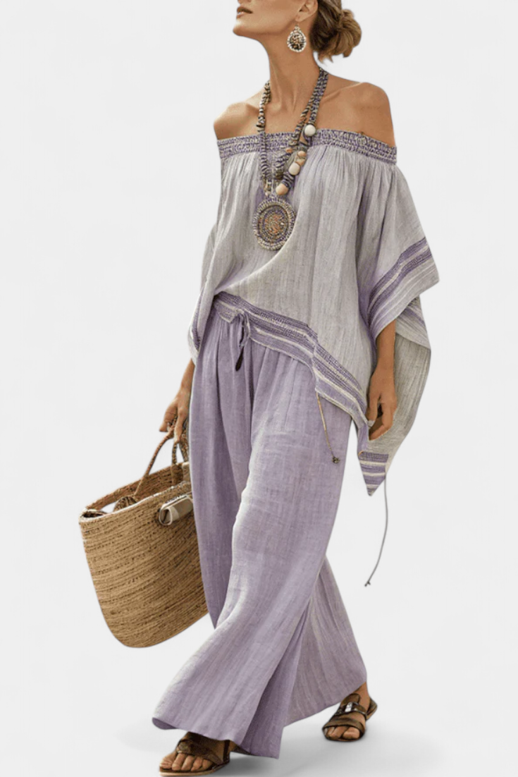 Zandrel | Elegante Off-Shoulder Top en Brede Pantalon met Strepen