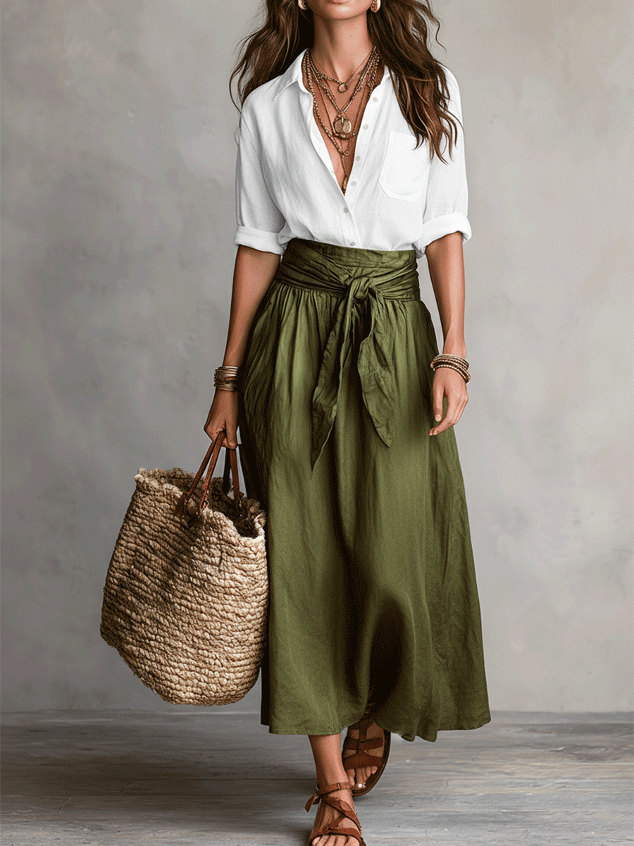 Moeiteloze Boho Zwarte Blouse & Olijf Midi Rok Set