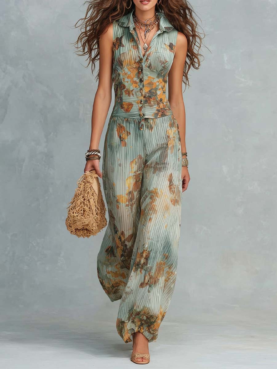 Boho Vintage Salie Bloemen Jumpsuit