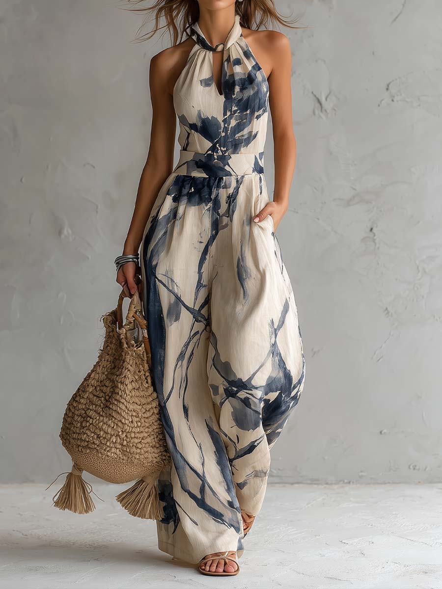 Halter Nek Inkt Was Print Brede Pijpen Jumpsuit Met Zakken