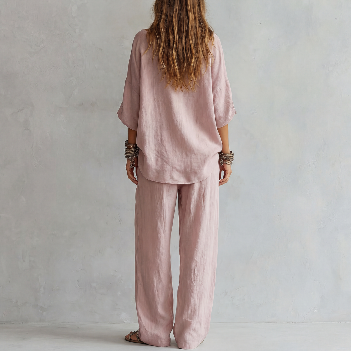 Casual Lichtroze Wijde Pantalon Set