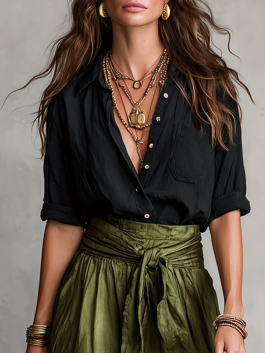 Moeiteloze Boho Zwarte Blouse & Olijf Midi Rok Set