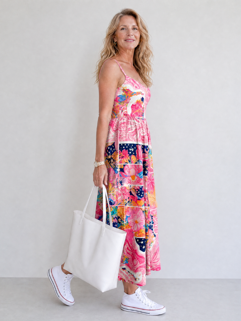 Valhala | Midi-jurk met patchwork-bloemenprint