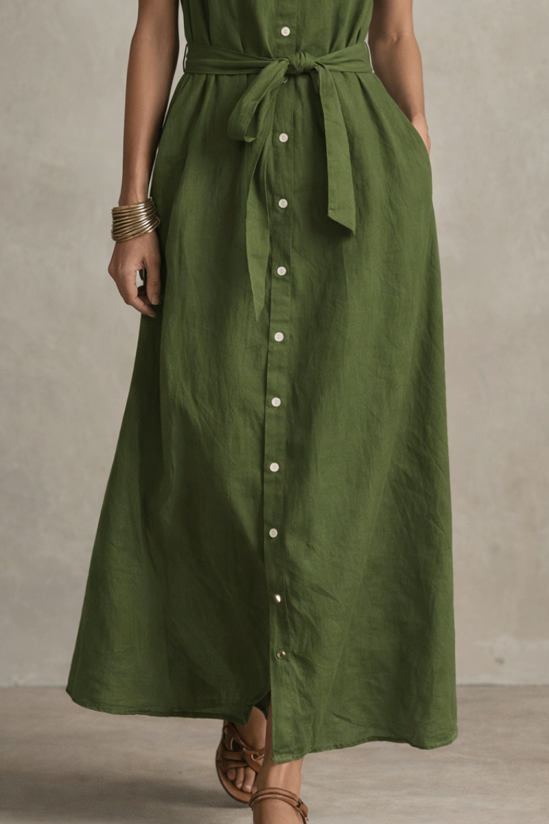 Moeiteloze Olijf Boho Knopen Maxi Shirt Jurk