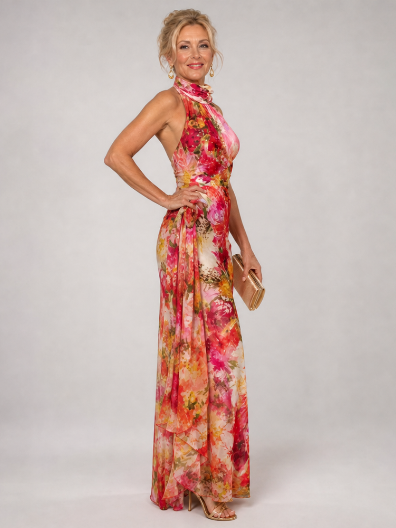 Elisabetta | Maxi-jurk met halternek en bloemenprint